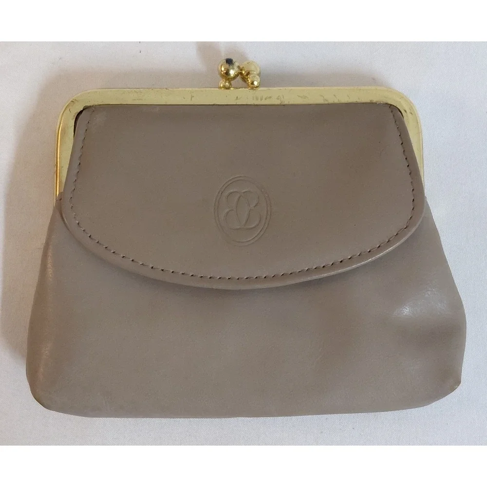 Vintage Buxton Genuine Leather Kiss Lock Coin Purse Taupe Gold Frame